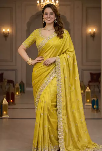 Yellow Color Fancy Designer Satin Silk Saree