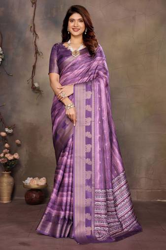 women's purple dola silk blend digital print saree with unstitched blouse piece