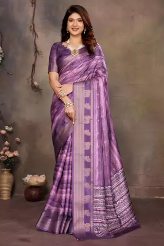 women's purple dola silk blend digital print saree with unstitched blouse piece