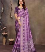 women's purple dola silk blend digital print saree with unstitched blouse piece