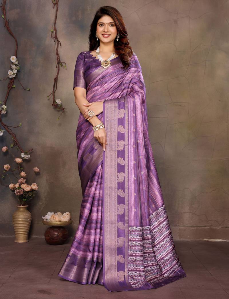 women's purple dola silk blend digital print saree with unstitched blouse piece