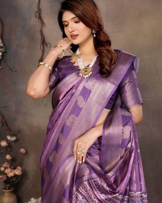 women's purple dola silk blend digital print saree with unstitched blouse piece 2