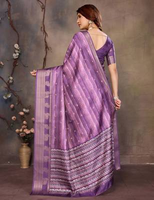 women's purple dola silk blend digital print saree with unstitched blouse piece 3