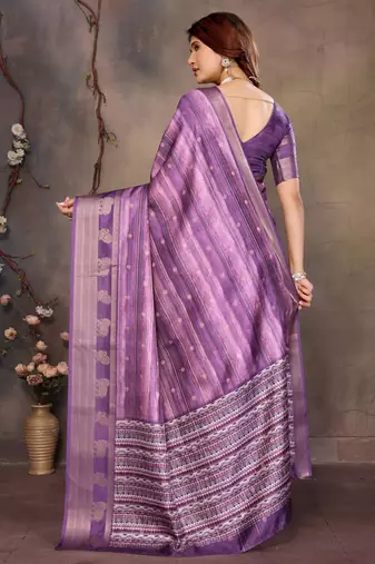 women's purple dola silk blend digital print saree with unstitched blouse piece