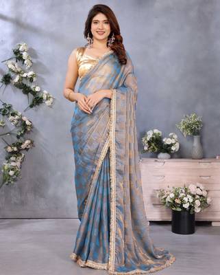 Women's blue satin crepe checks saree with unstitched blouse piece 1