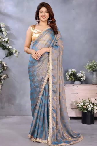 Women's blue satin crepe checks saree with unstitched blouse piece