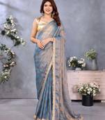 Women's blue satin crepe checks saree with unstitched blouse piece