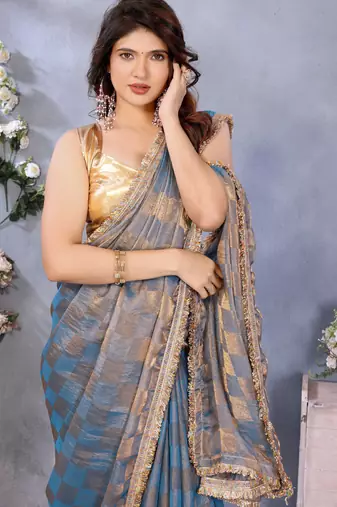 Women's blue satin crepe checks saree with unstitched blouse piece