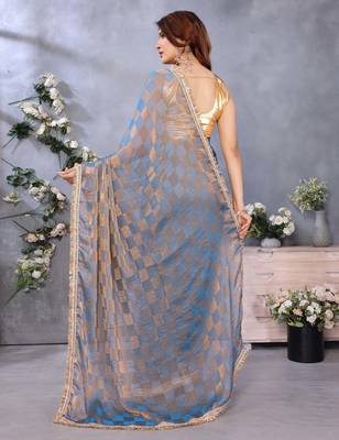 Women's blue satin crepe checks saree with unstitched blouse piece 3