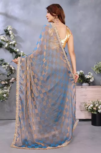 Women's blue satin crepe checks saree with unstitched blouse piece
