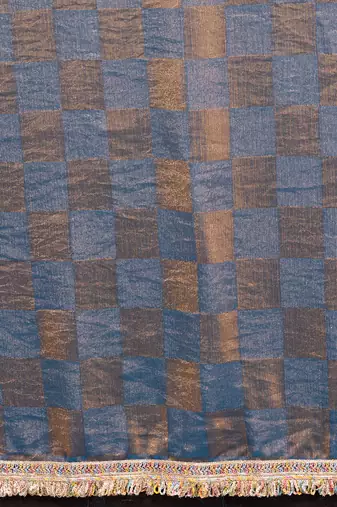 Women's blue satin crepe checks saree with unstitched blouse piece