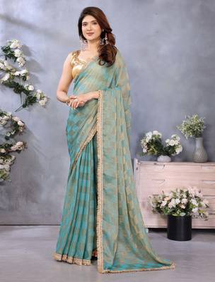 Women's green satin crepe checks saree with unstitched blouse piece 1