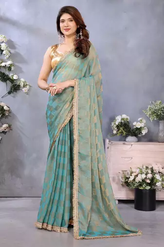Women's green satin crepe checks saree with unstitched blouse piece