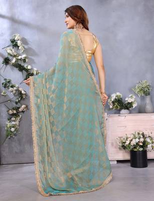 Women's green satin crepe checks saree with unstitched blouse piece 3