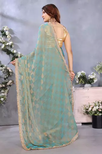 Women's green satin crepe checks saree with unstitched blouse piece