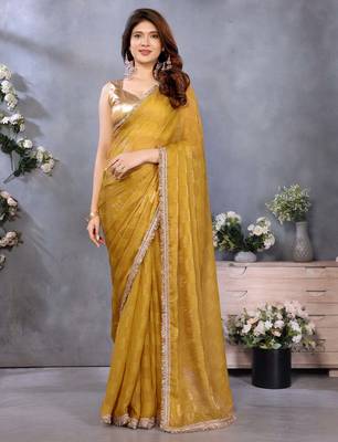 Women's mustard satin crepe checks saree with unstitched blouse piece 1