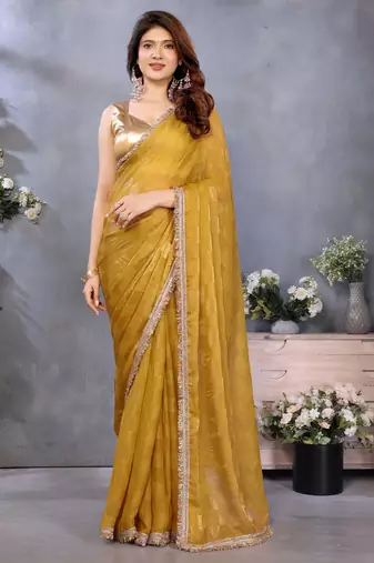 Women's mustard satin crepe checks saree with unstitched blouse piece