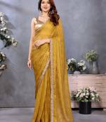 Women's mustard satin crepe checks saree with unstitched blouse piece