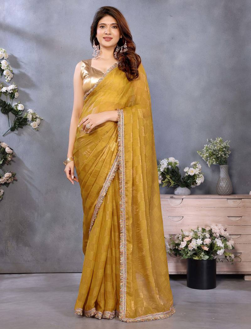 Women's mustard satin crepe checks saree with unstitched blouse piece