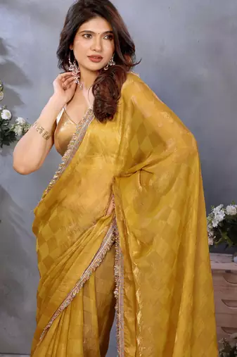Women's mustard satin crepe checks saree with unstitched blouse piece