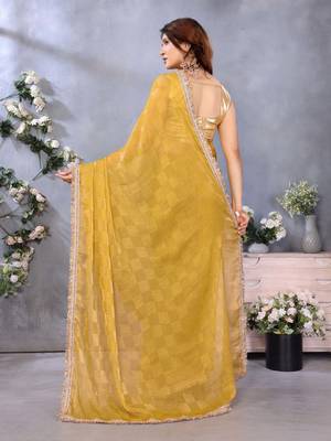 Women's mustard satin crepe checks saree with unstitched blouse piece 3