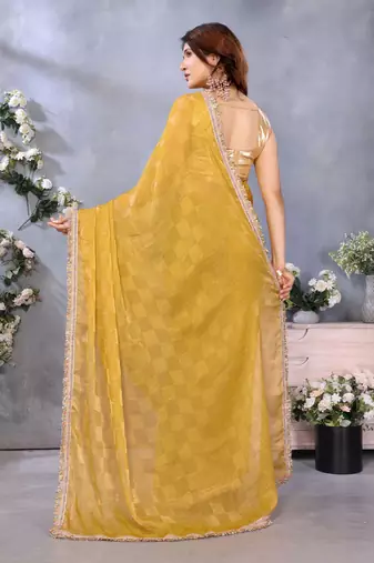 Women's mustard satin crepe checks saree with unstitched blouse piece