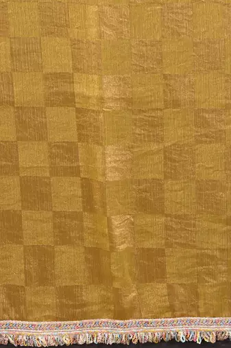 Women's mustard satin crepe checks saree with unstitched blouse piece