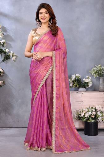 Women's pink satin crepe checks saree with unstitched blouse piece
