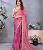 Women's pink satin crepe checks saree with unstitched blouse piece
