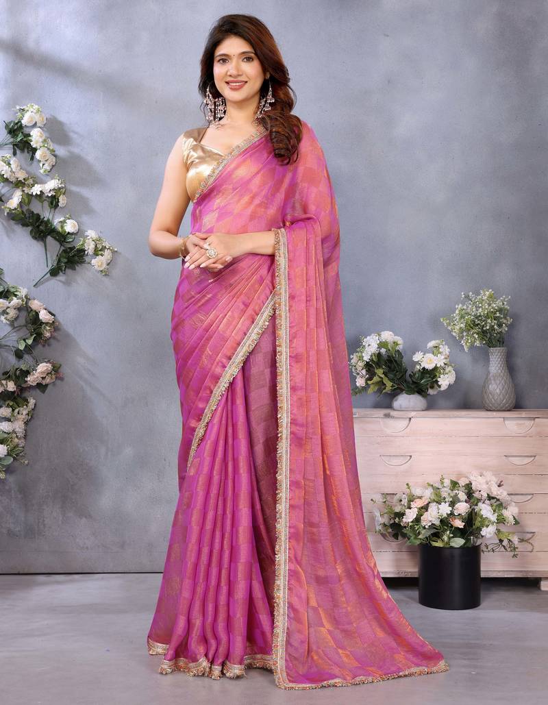 Women's pink satin crepe checks saree with unstitched blouse piece