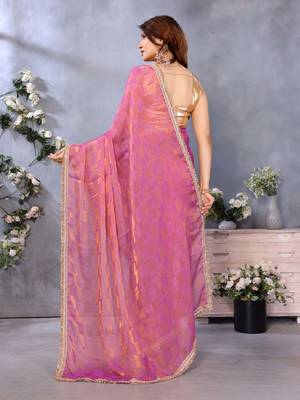 Women's pink satin crepe checks saree with unstitched blouse piece 3