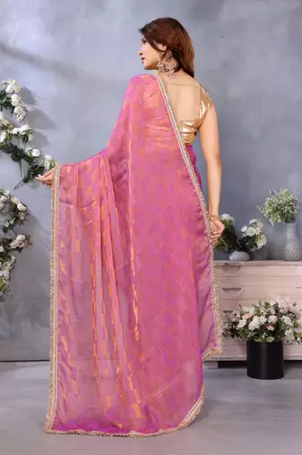 Women's pink satin crepe checks saree with unstitched blouse piece