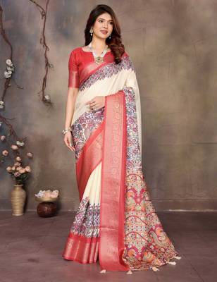 women's cream dola silk blend digital print saree with unstitched blouse piece 1