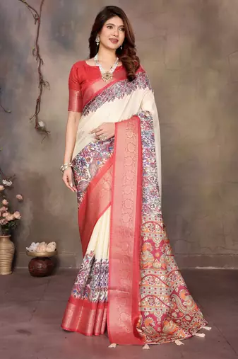 women's cream dola silk blend digital print saree with unstitched blouse piece