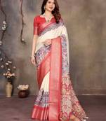 women's cream dola silk blend digital print saree with unstitched blouse piece