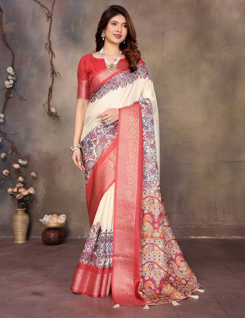 women's cream dola silk blend digital print saree with unstitched blouse piece