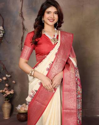 women's cream dola silk blend digital print saree with unstitched blouse piece 2