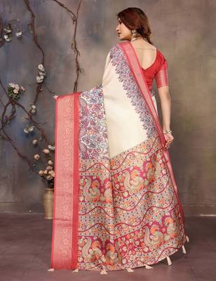 women's cream dola silk blend digital print saree with unstitched blouse piece 3