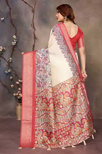 women's cream dola silk blend digital print saree with unstitched blouse piece