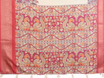 women's cream dola silk blend digital print saree with unstitched blouse piece 5