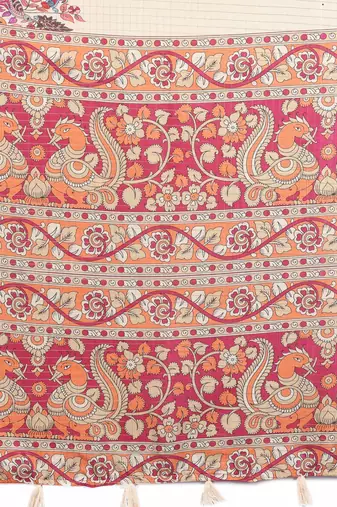 women's cream dola silk blend digital print saree with unstitched blouse piece