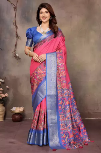 women's pink dola silk blend digital print saree with unstitched blouse piece