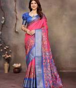 women's pink dola silk blend digital print saree with unstitched blouse piece