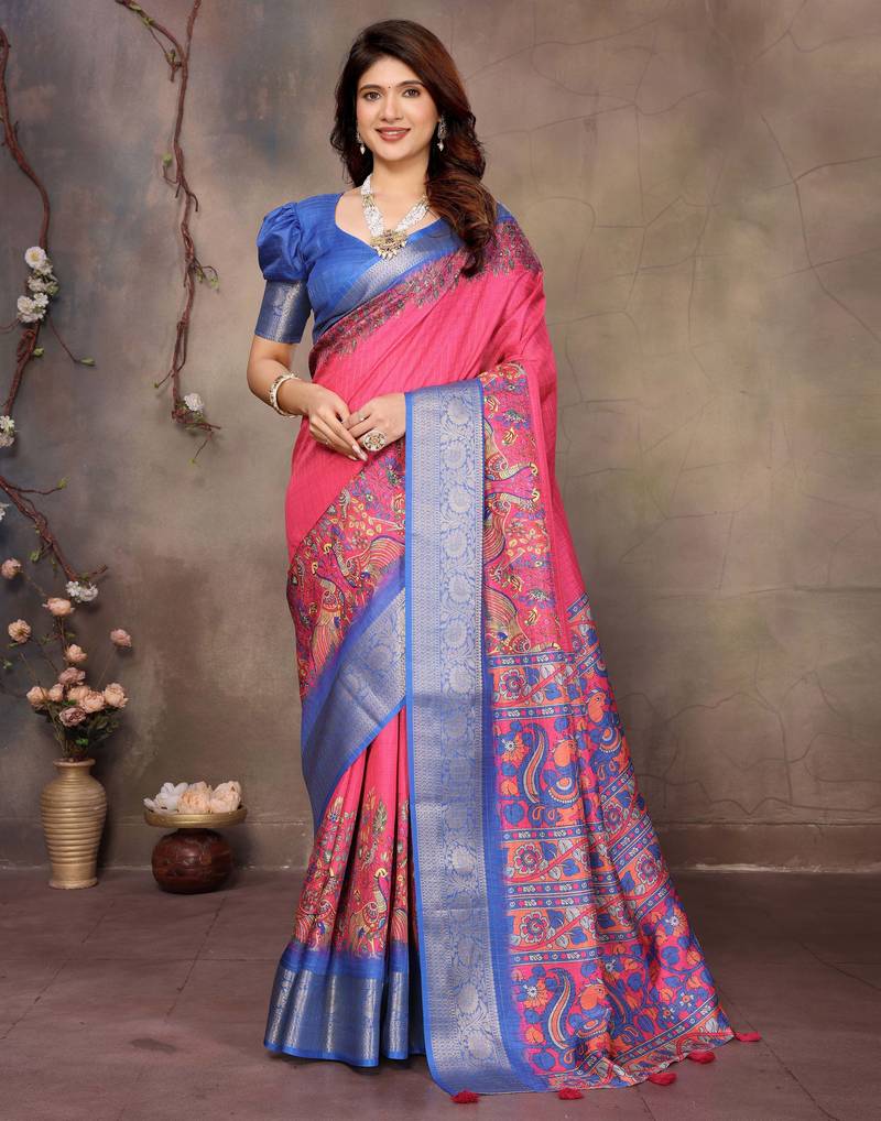 women's pink dola silk blend digital print saree with unstitched blouse piece