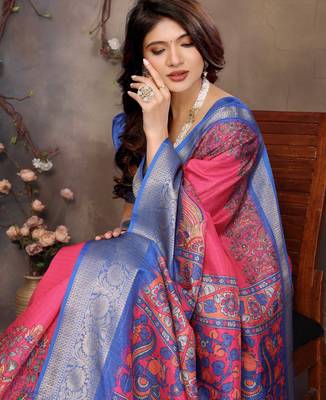 women's pink dola silk blend digital print saree with unstitched blouse piece 2