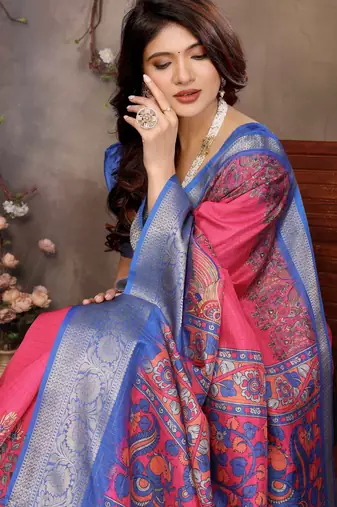 women's pink dola silk blend digital print saree with unstitched blouse piece