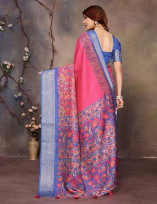 women's pink dola silk blend digital print saree with unstitched blouse piece 3