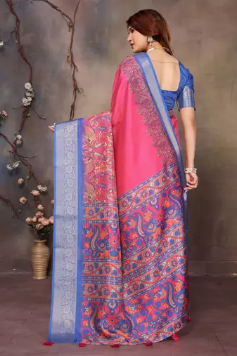 women's pink dola silk blend digital print saree with unstitched blouse piece