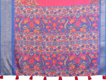 women's pink dola silk blend digital print saree with unstitched blouse piece 5