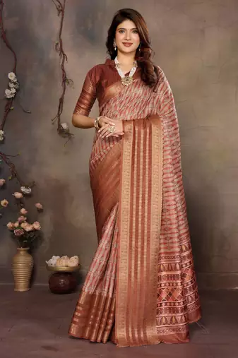 women's brown dola silk blend digital print saree with unstitched blouse piece
